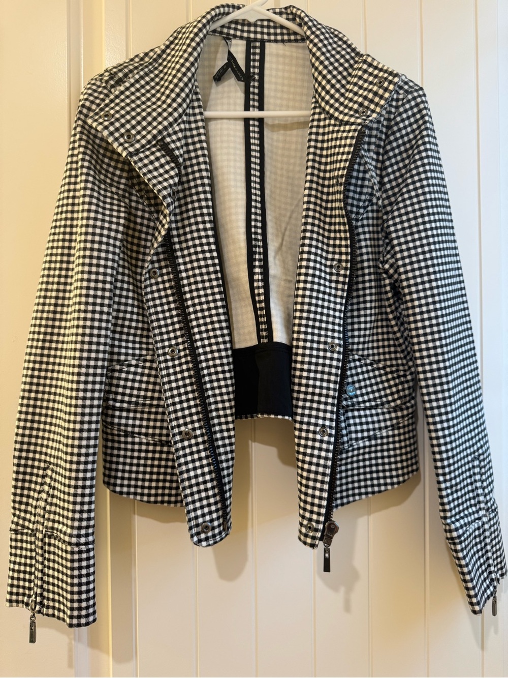 Black & White Gingham Zip-Front Women's Moto Jacket
